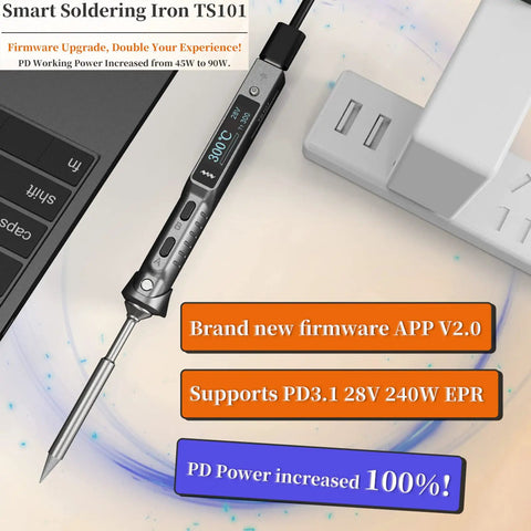 Smart Soldering Iron Upgrade TS101 With PD And DC Power 90W Max Pocket Size Beast of a Programmable Welding Station USB C Input OLED Display Heats Up in 10 Seconds 50 400 C Range Includes Original BC2 Tips