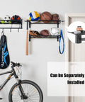 Three Tier Wall Mounted Gear Organizer With Ball Rack Bat And Racket Holders And Four Helmet And Accessory Hooks Heavy Duty Garage Storage In Glossy Black with installed gear and sports items