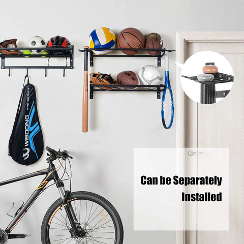 Three Tier Wall Mounted Gear Organizer With Ball Rack Bat And Racket Holders And Four Helmet And Accessory Hooks Heavy Duty Garage Storage In Glossy Black with installed gear and sports items