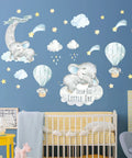 Blue Watercolor Elephant Wall Decals For Kids Room With Moon And Stars Hot Air Balloon Theme Sticker Set on nursery wall