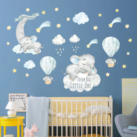 Blue Watercolor Elephant Wall Decals For Kids Room With Moon And Stars Hot Air Balloon Theme Sticker Set on nursery wall