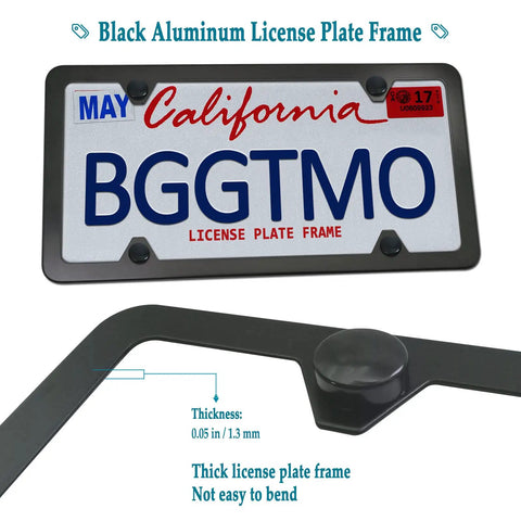 Close-up of black aluminum license plate frame reading 'BGGTMO,' showing thickness and durability details.