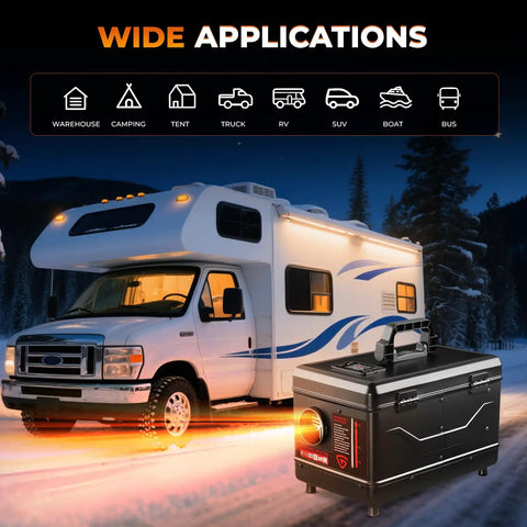 Portable Diesel Parking Heater 12V And 24V Dual Voltage 8Kw Heavy Duty Toolbox Design near RV in snowy landscape.