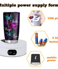 Badass Electric Powered 360 Motorized Tumbler Display Stand showing power options: USB, AA batteries, mobile for glitter cups.
