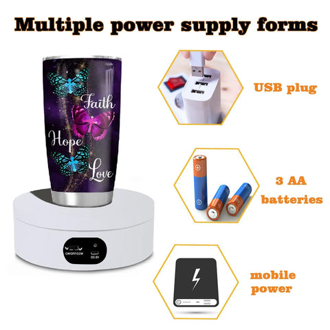 Badass Electric Powered 360 Motorized Tumbler Display Stand showing power options: USB, AA batteries, mobile for glitter cups.