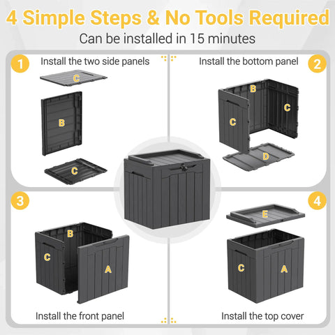 Assembly steps for Big 31 Gallon Outdoor Storage Box With Lid For Patio Furniture, Garden Tools, and Pool Supplies, showing panels and construction.