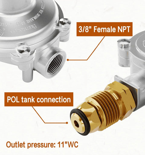 CALPOSE 2-stage propane regulator with POL tank connection and 3/8-inch female NPT outlet; brass fitting