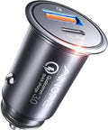 Mini Metal Car Charger With 67.5W USB C Fast Charging PD QC For 12V Lighter Outlet, Zinc Alloy Build, side view showing ports.