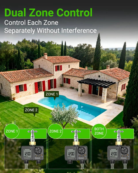 Two Zone Water Timer For Garden Hose With USB C Rechargeable Battery displaying dual zone control on lawn