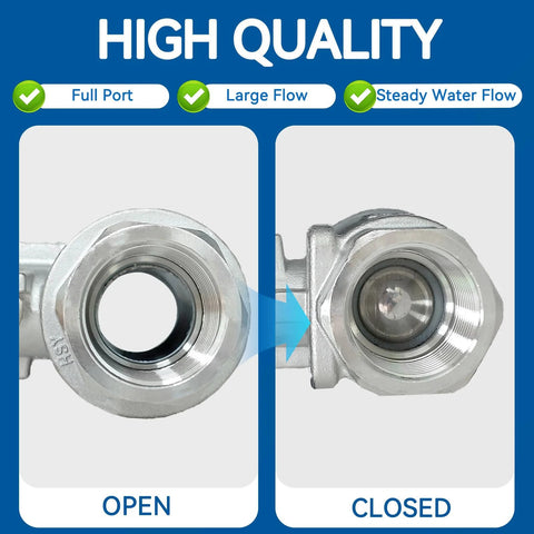 3/4 in full-port 304 stainless steel ball valve with locking device, two-view open and closed