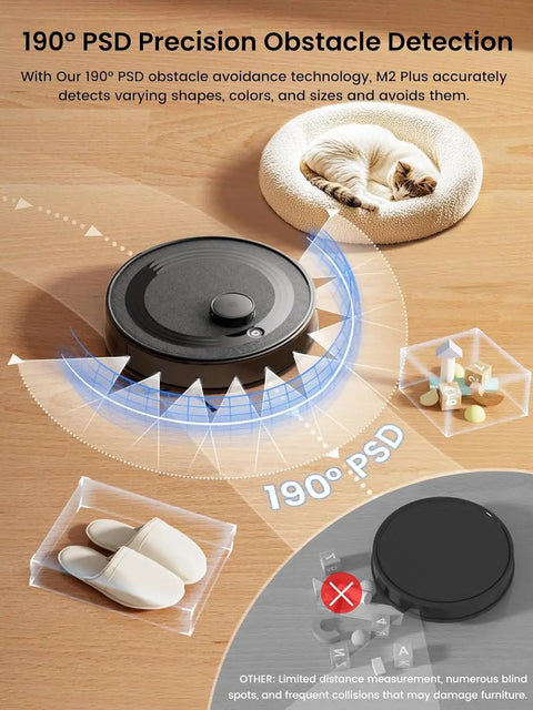 LiDAR Robot Vacuum And Mop Combo with Auto Self-Empty Dock navigating obstacles using 190° PSD technology, cat in background