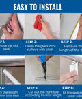 Bulletproof Leak Blocker For Frameless Shower Door Side Seal Strip installation steps showing removal, cleaning, measuring, cutting, and fitting.