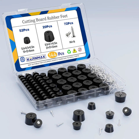 Product kit of No Slip Rubber Feet For Cutting Boards With 304 Stainless Steel Screws 144 Pcs in black, case open