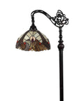 Tiffany Style Arched Floor Lamp With Stained Glass Shade And Jewel Accents, 62 Inch Tall Antique Brown Red Tan Traditional Reading Light