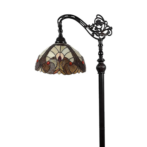 Tiffany Style Arched Floor Lamp With Stained Glass Shade And Jewel Accents, 62 Inch Tall Antique Brown Red Tan Traditional Reading Light