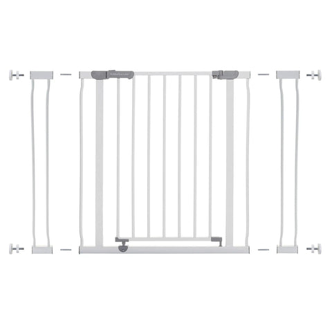 Walk Through Baby Safety Gate With Stay Open Feature Kid Safe For Busy Homes Pressure Mounted Double Locking Latch One Handed Operation Fits 29.5 To 39 Inches Model CK037 shown with extensions