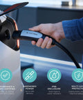 Level 2 EV Charger With NACS For Tesla, 48 Amp 240V Hardwired Station connected to a white Tesla