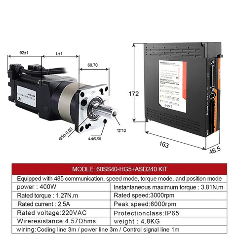 Rock Solid Ac Servo Motor With Complete Drive Kit 400 Watt 220 Volt contains dimensions for CNC application settings.