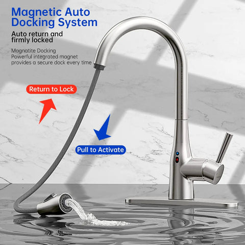 Touchless Kitchen Faucet With Pull Down Sprayer Motion Sensor Magnetic Docking Brushed Nickel Finish spraying water