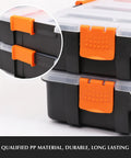 Close-up of Built Tough 34 Compartments Toolbox Organizer Set With 20 Removable Dividers Clear Lid Black and Orange Plastic Case