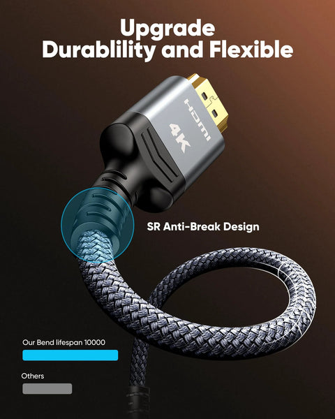 Close-up view of braided HDMI 4K cable with gold-plated connectors and looped nylon braid.