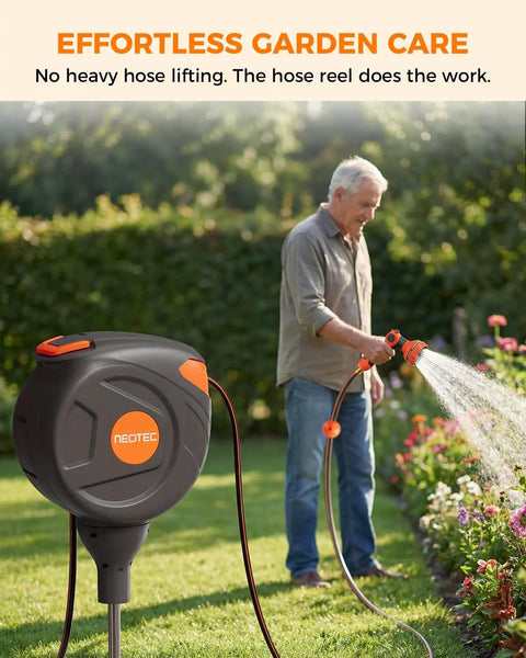 Man using Retractable Garden Hose Reel 82 Ft 1/2 Inch Ground Mounted Freestanding Water System in garden