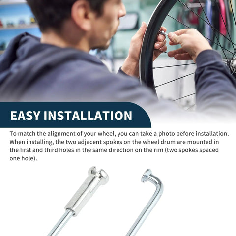 Person installing Bike Wheel Spokes Set, 14G, 265mm Length, Carbon Steel Galvanized With Silver Tone Nipples, 1 Pack on bike