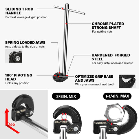 Adjustable Basin Wrench For Tight Spaces With Self Adjusting Gripping Jaws The Handy Faucet Nut Tool For Under The Sink Fits Three Eighths Inch To One And One Quarter Inch, showing design features and specifications.