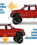 Side view of One Thirty Second Scale Die Cast Trucks For Boys Red Mammoth Model Pickup showcasing rear pull-back wheels and shock absorbers.