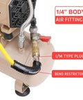 Close-up of air compressor with 1/4 inch body air fittings, I/M type plug, and bend restrictors, showcasing hybrid hose connection.