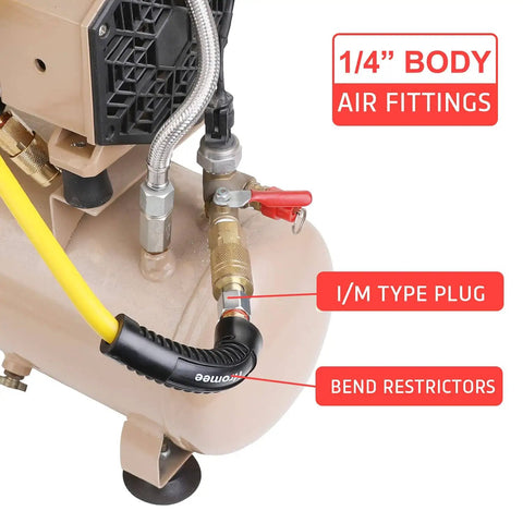 Close-up of air compressor with 1/4 inch body air fittings, I/M type plug, and bend restrictors, showcasing hybrid hose connection.