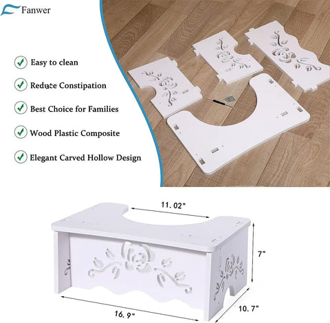 7 Inch Squat Toilet Stool for Bathroom Made from Wood Plastic Composite with Elegant Carved Design, assembly parts shown