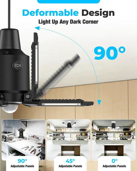 Diagram of All Day Motion Activated Garage Light With 80W Power showing adjustable panels for flexible lighting angles.