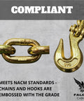 3/8 Inch Grade 70 Transport Binder Chain 10 Ft With 6,600 Lbs WLL Zinc Plated Steel Clevis Grab Hooks detail view