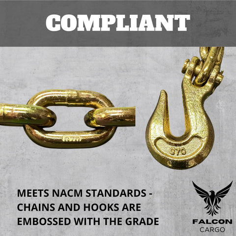 3/8 Inch Grade 70 Transport Binder Chain 10 Ft With 6,600 Lbs WLL Zinc Plated Steel Clevis Grab Hooks detail view