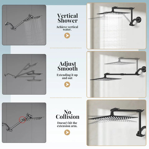 Rain Shower Head With Handheld Combo, 12 Inch High Pressure Shower Head And Adjustable Curved Extension Arm, 3 angle views