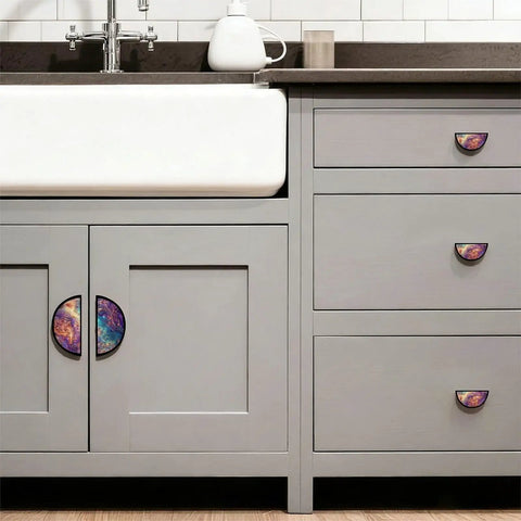 Cosmic Nebula Fluid Marble Cabinet Handles 3 Inch Center Semicircle Drawer Pulls Black Solid Zinc Alloy Hardware on gray cabinets