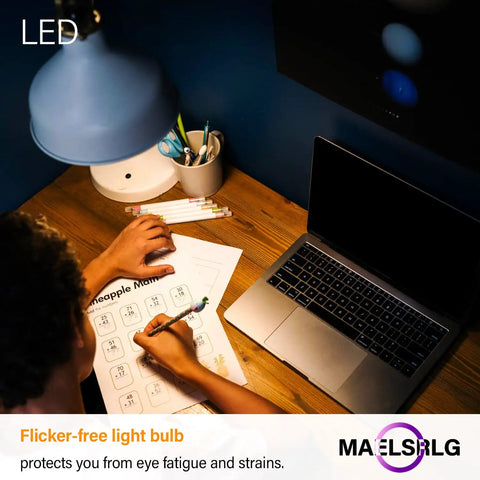 Overhead view of Tiny Reflector LED Bulbs illuminating a desk with a laptop and papers, demonstrating flicker-free lighting in use.