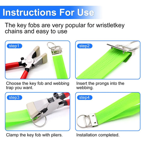 Instructions for use showing 40Pcs Key Fob Hardware Set 1 Inch Kit with glass pliers for wristlet keychains and lanyards.
