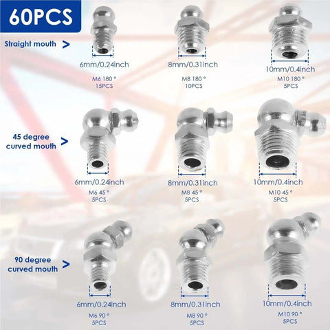 Top Tier Metric Grease Fitting Kit With 180 Pc Galvanized Zerk Nozzles For Vehicle And Engine Maintenance Featuring Anti-Leak Spring Check Valves To Keep Your Machine Running Smooth And Leak Free Like A Boss. 60-piece metric zerk nozzles, M6 M8 M10 straight and angled