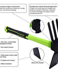 Heavy Duty Garden Hoe And Hand Rake Set With Non Slip Handles Including A Handy Pick Axe for yard and garden work, close-up