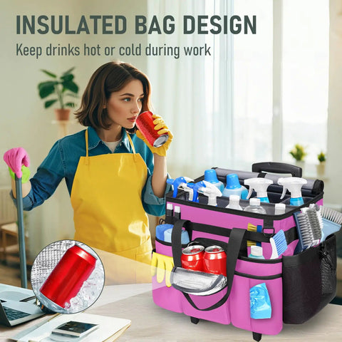 Woman using Cleaning Caddy With Wheels, Extra Large 39L Rolling Organizer Bag With Detachable Trolley, holding cleaning supplies.