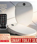 Top Shelf Smart Toilet Seat Kickin Instant Warmth With Seamless Auto Flip Cover Adjustable Water Temp Plus Crisp Remote Display showing remote and heating display.