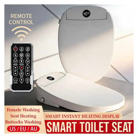 Top Shelf Smart Toilet Seat Kickin Instant Warmth With Seamless Auto Flip Cover Adjustable Water Temp Plus Crisp Remote Display showing remote and heating display.