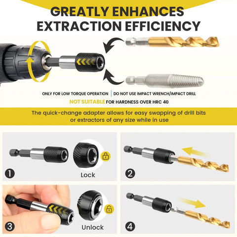 Graphic showing quick-change adapter for 14 Piece Screw Extractor And Left Hand Drill Bit Set For Easy Out Removals.