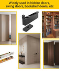 Self Closing Concealed Door Pivot Hinges Heavy Duty Spring Hydraulic 360 Degree Rotation Stainless Steel Invisible Hidden Door Hinge System For Wooden Secret Doors Adjustable Speed Supports Up To 220 Lbs displayed in various applications including hidden and bookshelf doors.