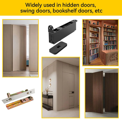 Self Closing Concealed Door Pivot Hinges Heavy Duty Spring Hydraulic 360 Degree Rotation Stainless Steel Invisible Hidden Door Hinge System For Wooden Secret Doors Adjustable Speed Supports Up To 220 Lbs displayed in various applications including hidden and bookshelf doors.