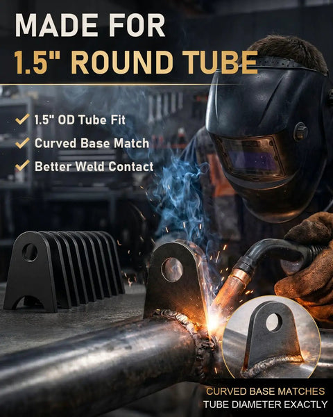 High Quality Premium Beefy Weld On Shock Mount Chassis Tabs Fits 1.5 Inch Round Tubes, welding on steel tube with curved base tab.