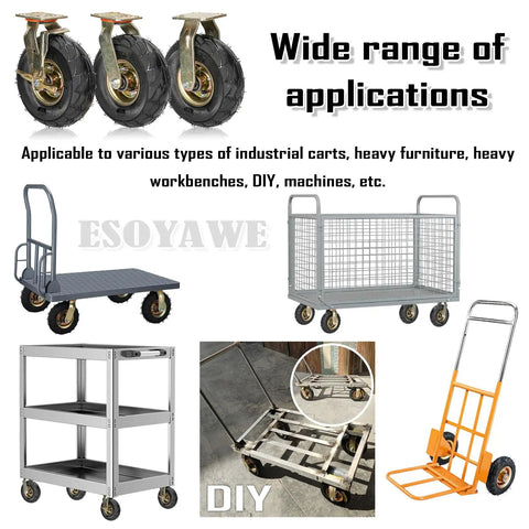 Beefy 8 Inch Swivel Casters With Top Plate And Brake Set of 4 on various carts and equipment, wide application view.