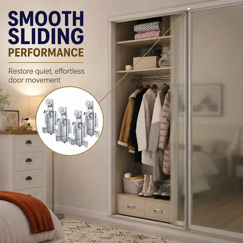 4 Piece Panel Wardrobe Door Rollers 7/8 Inch Replacement Hardware For Older Style Sliding Closet Doors in a modern wardrobe.
